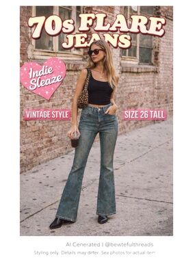 Y2K 70s Flare Jeans High Rise Vintage Wash Indie Sleaze Tall 26